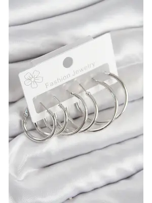 Pirinç Halka Model Gümüş Renk Kadın Set Küpe