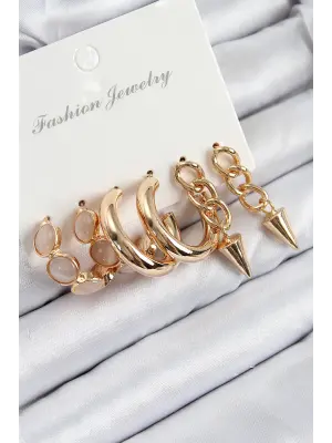 Pirinç Halka Ve Zincir Model Gold Renk Kadın Set Küpe