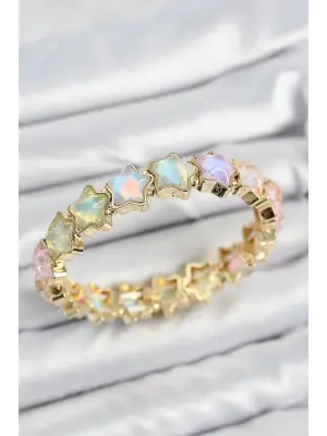 Pirinç Hologram Yıldız Model Gold Renk Lastikli Kadın Bileklik