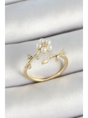 Pirinç İnci Detaylı Papatya Figürlü Zirkon Taşlı Gold Renk Ayarlanabilir Kadın Yüzük