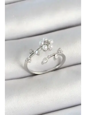 Pirinç İnci Detaylı Papatya Figürlü Zirkon Taşlı Gümüş Renk Ayarlanabilir Kadın Yüzük