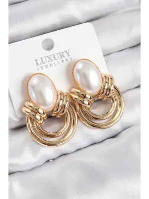 Pirinç İnci Detaylı Vintage Model Gold Renk Kadın Küpe