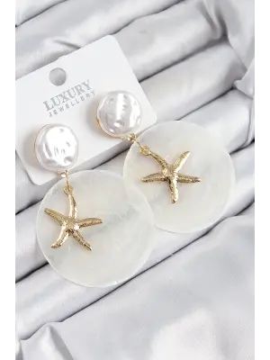 Pirinç İncili Deniz Kabuğu Figürlü Sedef Model Gold Renk Kadın Küpe