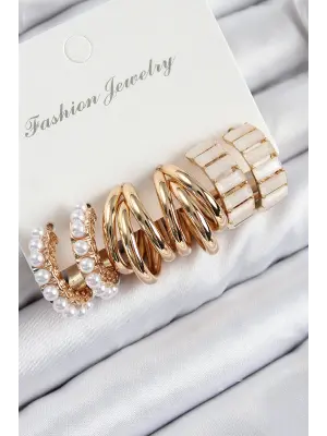 Pirinç İncili Halka Model Gold Renk Kadın Set Küpe