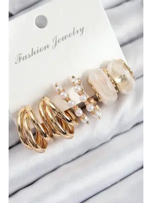 Pirinç İncili Halka Model Gold Renk Kadın Set Küpe