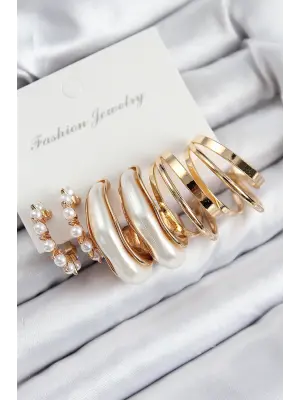 Pirinç İncili Halka Model Gold Renk Kadın Set Küpe