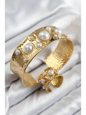 Pirinç İncili Model Gold Renk Bileklik Yüzük Set