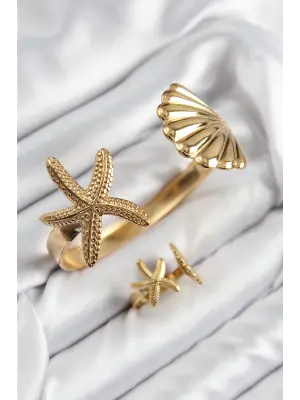 Pirinç İstiridye Ve Deniz Yıldızı Model Gold Renk Bileklik Yüzük Set