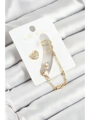 Pirinç Kalp Figürlü Zirkon Taşlı Gold Renk 3lü Kıkırdak Kadın Küpe Set