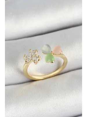 Pirinç Kalp Figürlü Zirkon Taşlı Gold Renk Ayarlanabilir Kadın Yüzük