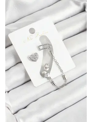 Pirinç Kalp Figürlü Zirkon Taşlı Gümüş Renk 3lü Kıkırdak Kadın Küpe Set