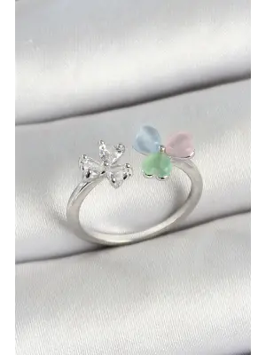 Pirinç Kalp Figürlü Zirkon Taşlı Gümüş Renk Ayarlanabilir Kadın Yüzük