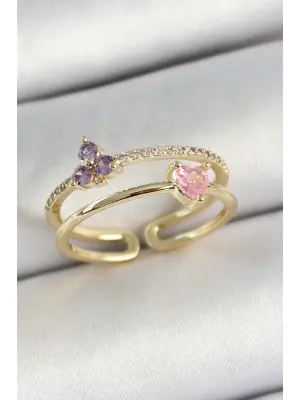 Pirinç Kalp Ve Çiçek Figürlü Zirkon Taşlı Gold Renk Ayarlanabilir Kadın Yüzük