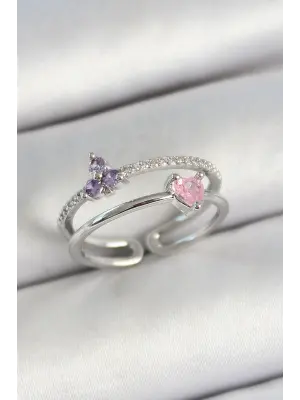 Pirinç Kalp Ve Çiçek Figürlü Zirkon Taşlı Gümüş Renk Ayarlanabilir Kadın Yüzük