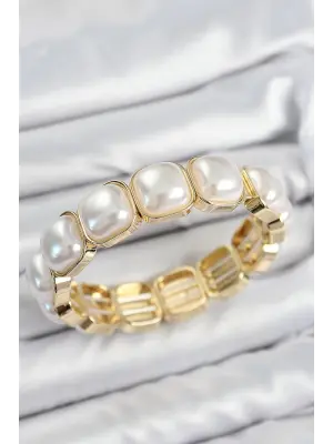 Pirinç Kare İnci Model Gold Renk Lastikli Kadın Bileklik