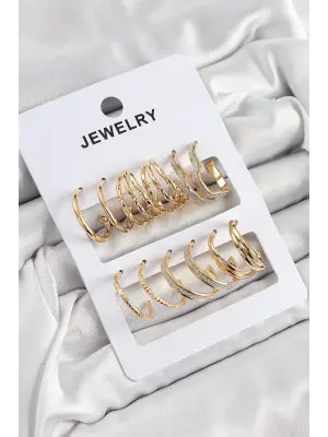 Pirinç Karışık Halka Model Gold Renk 6 Çift Kadın Küpe Set