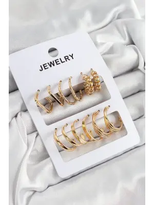 Pirinç Karışık Halka Model Gold Renk 6 Çift Kadın Küpe Set