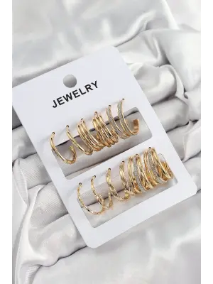Pirinç Karışık Halka Model Gold Renk 6 Çift Kadın Küpe Set