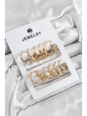 Pirinç Karışık Halka Model Gold Renk 6 Çift Kadın Küpe Set