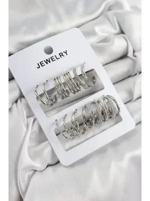 Pirinç Karışık Halka Model Gümüş Renk 6 Çift Kadın Küpe Set