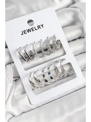 Pirinç Karışık Halka Model Gümüş Renk 6 Çift Kadın Küpe Set