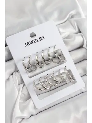 Pirinç Karışık Halka Model Gümüş Renk 6 Çift Kadın Küpe Set