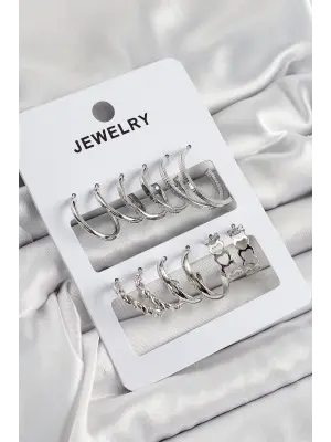 Pirinç Karışık Halka Model Gümüş Renk 6 Çift Kadın Küpe Set