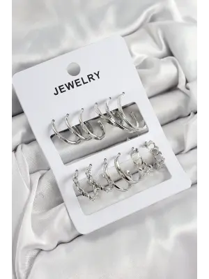 Pirinç Karışık Halka Model Gümüş Renk 6 Çift Kadın Küpe Set