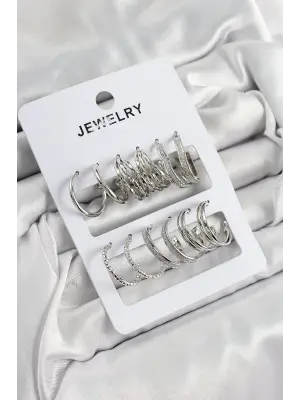 Pirinç Karışık Halka Model Gümüş Renk 6 Çift Kadın Küpe Set