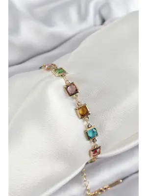 Pirinç Karışık Renk Kare Zirkon Taşlı Gold Renk Kadın Bileklik