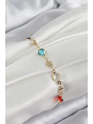 Pirinç Karışık Renk Zirkon Taşlı Gold Renk Kadın Bileklik