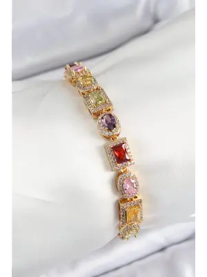 Pirinç Karışık Zirkon Taşlı Baget Model Gold Renk VIP Seri Kadın Bileklik
