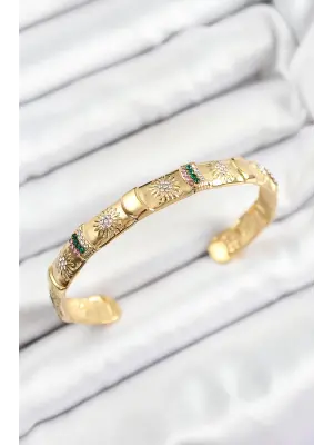Pirinç Karışık Zirkon Taşlı Çiçek Model Gold Renk Altı Açık Kadın Bileklik
