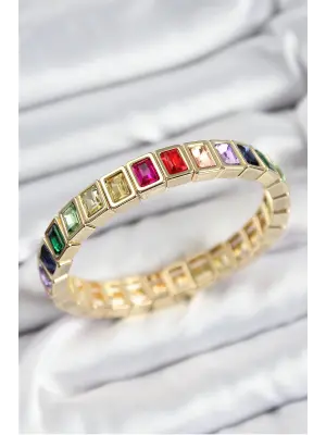 Pirinç Karışık Zirkon Taşlı Dikdörtgen Model Gold Renk Lastikli Kadın Bileklik