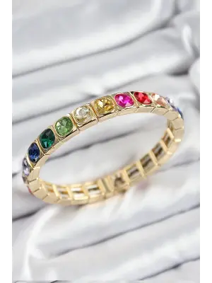 Pirinç Karışık Zirkon Taşlı Kare Model Gold Renk Lastikli Kadın Bileklik