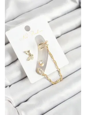 Pirinç Kelebek Figürlü Zirkon Taşlı Gold Renk 3lü Kıkırdak Kadın Küpe Set