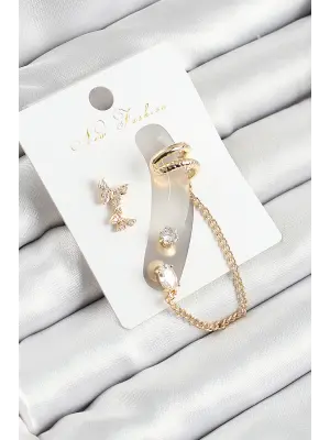 Pirinç Kelebek Figürlü Zirkon Taşlı Gold Renk 3lü Kıkırdak Kadın Küpe Set