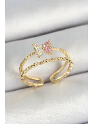 Pirinç Kelebek Figürlü Zirkon Taşlı Gold Renk Ayarlanabilir Kadın Yüzük