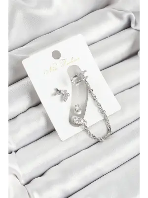 Pirinç Kelebek Figürlü Zirkon Taşlı Gümüş Renk 3lü Kıkırdak Kadın Küpe Set