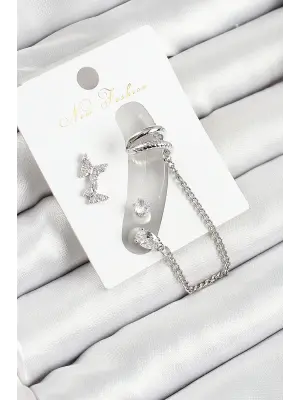 Pirinç Kelebek Figürlü Zirkon Taşlı Gümüş Renk 3lü Kıkırdak Kadın Küpe Set