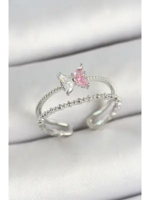 Pirinç Kelebek Figürlü Zirkon Taşlı Gümüş Renk Ayarlanabilir Kadın Yüzük