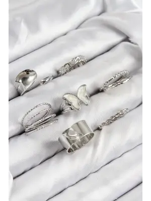 Pirinç Kelebek Model Gümüş Renk Kadın Yüzük Kombin Set