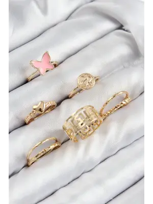 Pirinç Kelebek Ve Kalp Model Gold Renk Kadın Yüzük Kombin Set