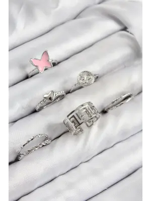 Pirinç Kelebek Ve Kalp Model Gümüş Renk Kadın Yüzük Kombin Set