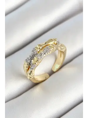Pirinç Kemik Figürlü Zirkon Taşlı Gold Renk Ayarlanabilir Kadın Yüzük