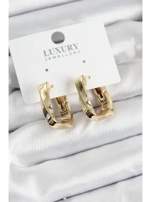 Pirinç Kıvrımlı Dikdörtgen Model Gold Renk Kadın Küpe