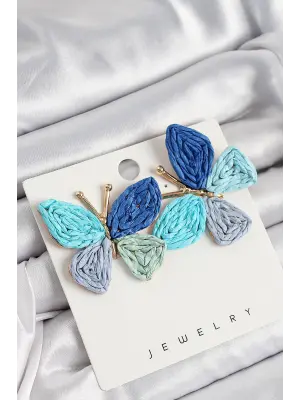 Pirinç Mavi Kelebek Model Gold Renk Kadın Hasır Küpe