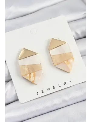 Pirinç Mermer Desenli Vintage Geometrik Model Gold Renk Kadın Küpe
