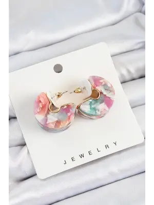 Pirinç Mermer Desenli Vintage Yarım Halka Model Gold Renk Kadın Küpe