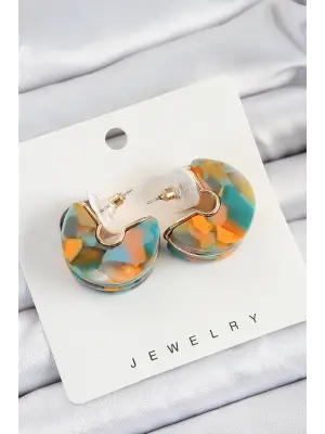 Pirinç Mermer Desenli Vintage Yarım Halka Model Gold Renk Kadın Küpe